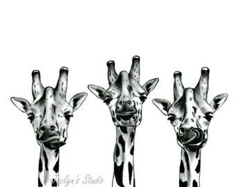 Giraffe Art, 8"x10" Giraffe Giclee Print, Charcoal Giraffe Drawing, Nursery Art, Giraffe Sketch, Charcoal Drawing, Humorous Art, Giraffes