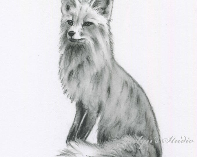 Fox Art, ORIGINAL Charcoal Drawing, Animal Sketch, Nursery Art 57, Fox