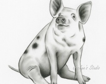 Spotted Pig Art, Charcoal Drawing 8"×10" Giclee Print, Pig drawing, Pig sketch, Spotted Piglet Drawing, Nursery Art, Charcoal Pig, Baby Pig