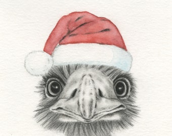 Christmas Art, Holiday Art, Emu in Santa's Hat 8"x10" Giclee Print, Holiday Humor, Charcoal and Watercolor