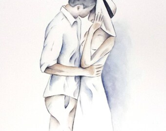 Original Watercolor Art 8"x10", Watercolor Couple, Kissing Behind the Hat, Couple Kissing, Fashion Art, Romantic Painting