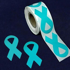 250 Large Teal Ribbon Shaped Stickers for Ovarian Cancer, Rape, Sexual Assault, PTSD Awareness 250 Stickers image 2