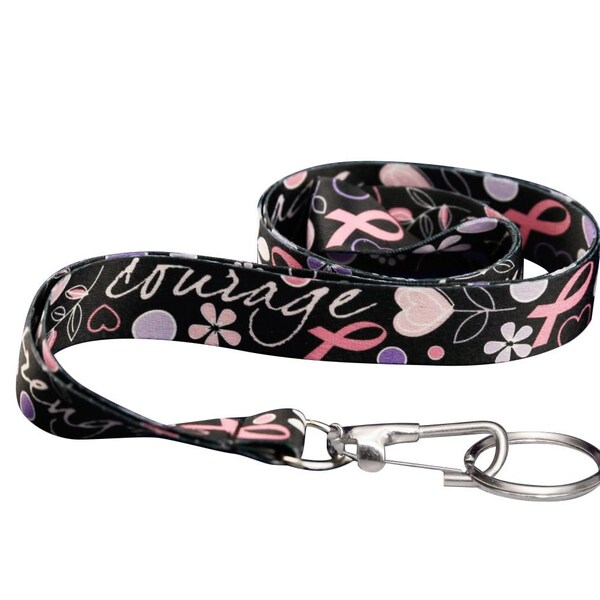 Pink Ribbon Hope Strength Courage Lanyard Badge Holders for Breast Cancer Awareness, Fundraising, Gift Giving - Bulk Quantities Available