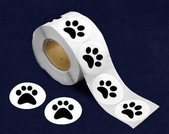 250 Black Paw Print Circle Stickers for Animal Rescue Groups, Pet Lovers (250 Stickers/Roll)