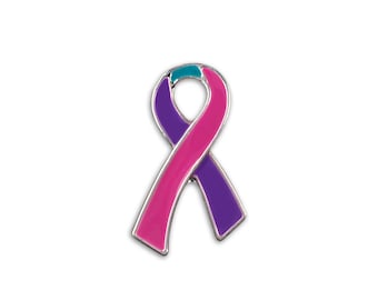 Cute Pink ,Purple & Teal Ribbon Pins for Thyroid Cancer Awareness, Gift Giving and Fundraising - Bulk Quantities Available