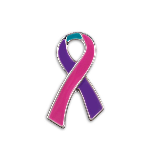 Cute Pink ,Purple & Teal Ribbon Pins for Thyroid Cancer Awareness, Gift Giving and Fundraising - Bulk Quantities Available