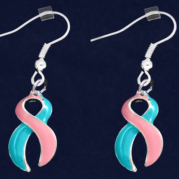 Large Pink and Teal Ribbon Hanging Earrings for Hereditary Breast Cancer Awareness, Gift Giving, Fundraising - Bulk Quantities Available