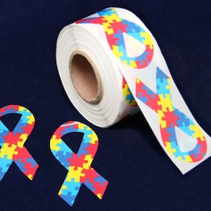 250 Large Autism Awareness Ribbon Stickers, Autism Puzzle Ribbon Shaped Stickers 250 Stickers image 1