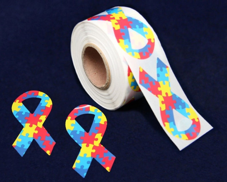 250 Large Autism Awareness Ribbon Stickers, Autism Puzzle Ribbon Shaped Stickers 250 Stickers image 1