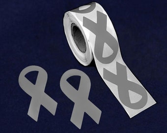 250 Large Gray Ribbon Stickers for Brain Cancer, Parkinson's, Diabetes Awareness, Gray Ribbon Shaped Stickers (250 Stickers)