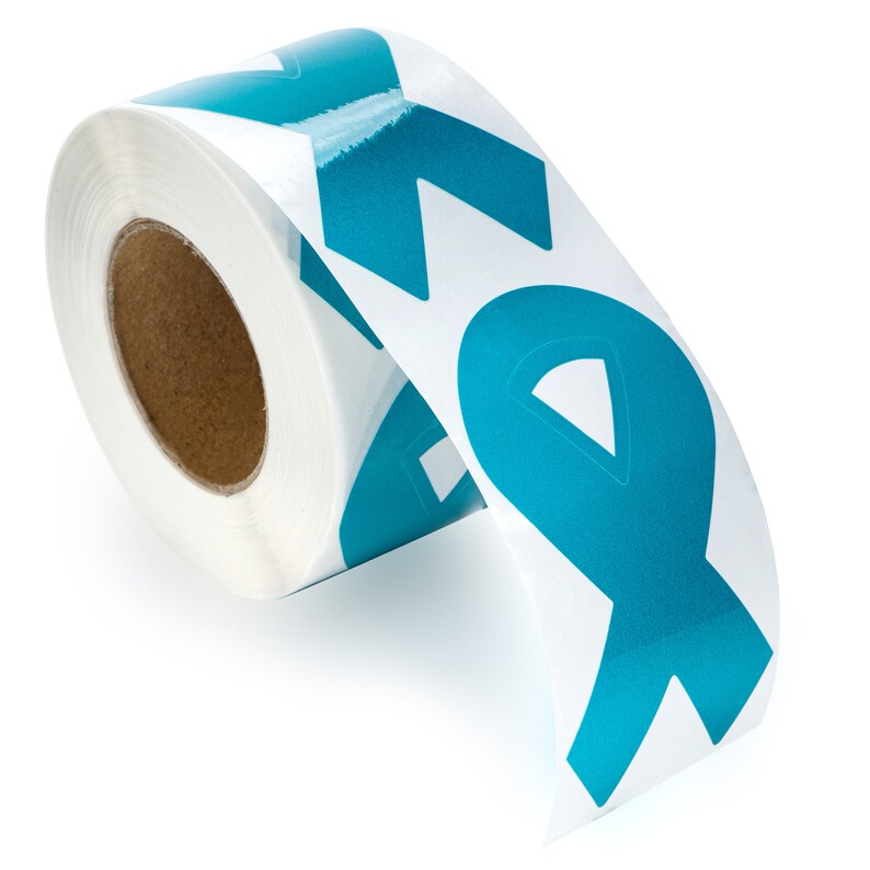 250 Large Teal Ribbon Shaped Stickers for Ovarian Cancer, Rape, Sexual Assault, PTSD Awareness 250 Stickers image 1