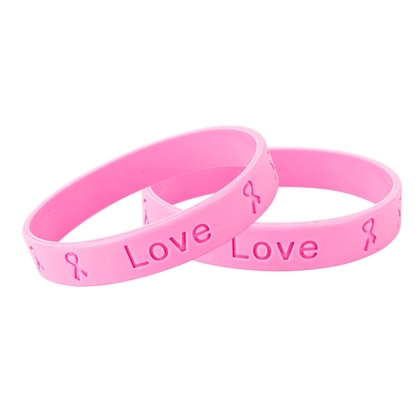 Adult Pink Silicone Bracelet Wristbands for Breast Cancer Awareness and Pink Ribbon Fundraising, Gift Giving  - Bulk Quantities Available