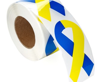 250 Large Blue and Yellow Ribbon Stickers for Down Syndrome and Ukraine Support , Yellow Blue Ribbon Shaped Stickers for Fundraising, Events