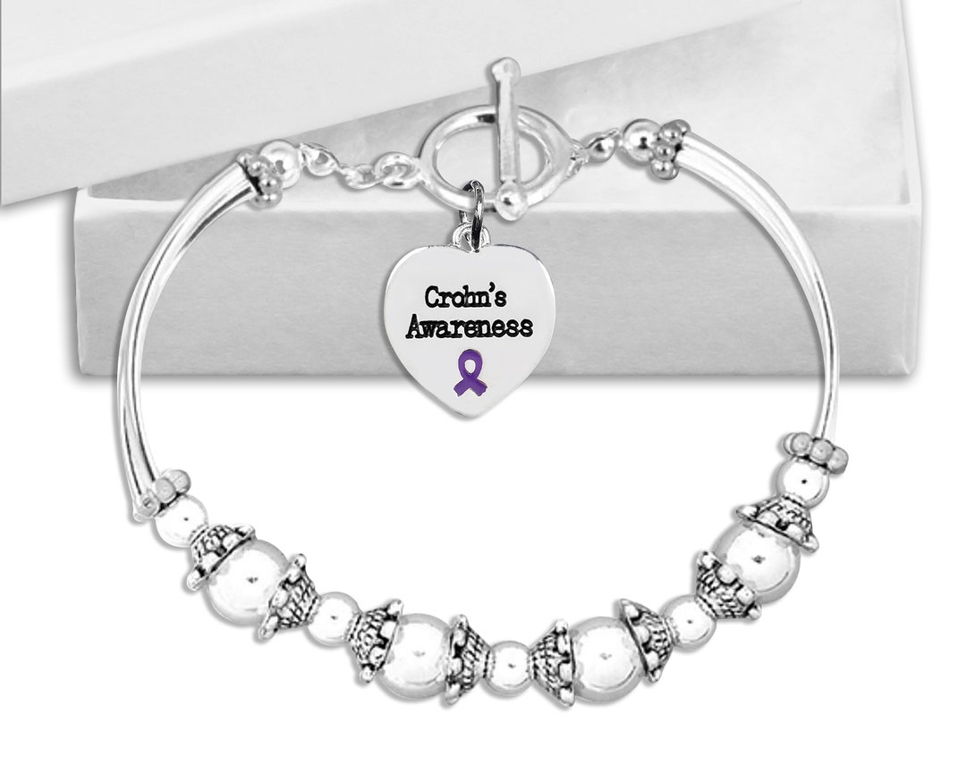 Crohn's Disease Awareness Purple Ribbon Beaded Charm Bracelets for Gift
