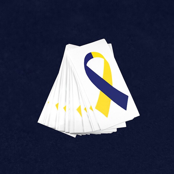 Small Blue & Yellow Ribbon Decal/Sticker for Down Syndrome, Ukraine Support Awareness