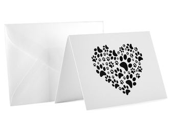 Paw Print Heart Note Cards, Black Paw Print Stationary for Animal Lovers, Thank You Cards, Invitations