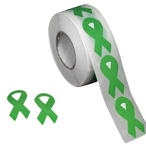 250 Small Green Ribbon Shaped Awareness Stickers for Mental Health, Cerebral Palsy, Organ Donation, Bipolar Awareness (250 Stickers/Roll)