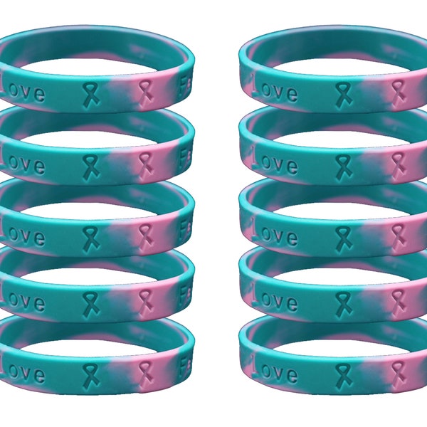 Child Sized Pink & Teal Silicone Bracelet Wristbands for Hereditary Breast Cancer Awareness, Fundraising, Gifts -  Bulk Quantities Available