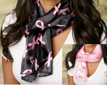 Pink Ribbon Awareness Scarf in Black or Pink (choose color) for Breast Cancer Awareness, Fundraising - Bulk Quantities Available