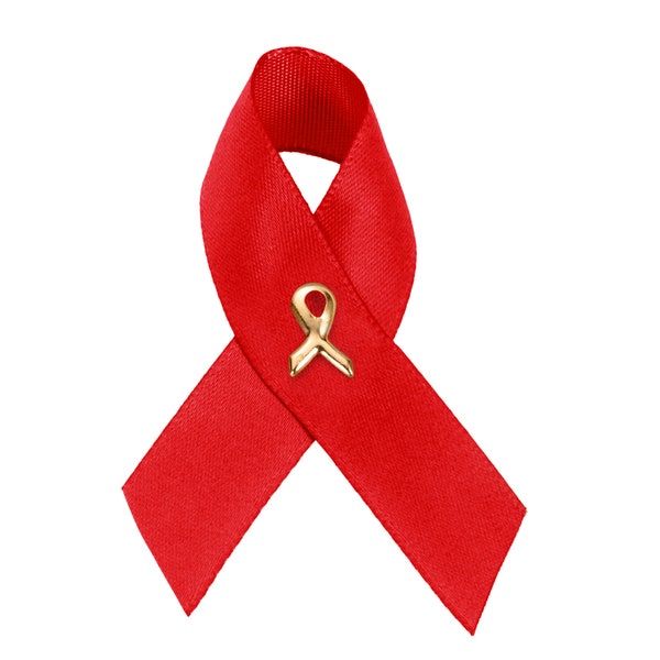 Satin Red Ribbon Awareness Pins for AIDS, HIV, Red Ribbon Week, Drug Prevention, Heart Awareness and Fundraising - Bulk Quantities Available