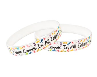 Hope Multi Colored Ribbon Silicone Bracelets for Cancer Awareness, and Fundraising - Bulk Quantities Available