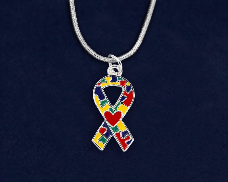 12 Autism Ribbon with Heart Necklaces Individually Bagged 12 Etsy