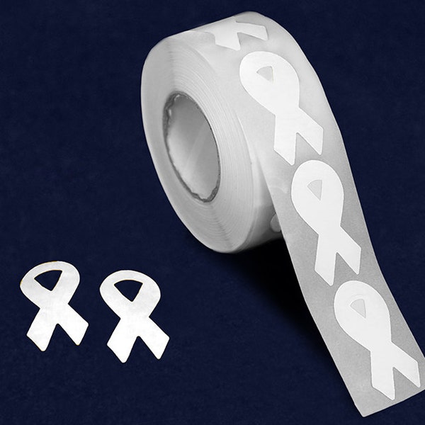 250 Small White Ribbon Stickers for Bone Cancer, Lung Cancer, Adoption, Right to Life Awareness (250 Stickers per Roll)