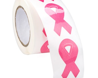 250 Large Pink Ribbon Shaped Stickers for Breast Cancer Awareness, Perfect for Events, Breast Cancer Awareness Month - 250 Stickers/Roll