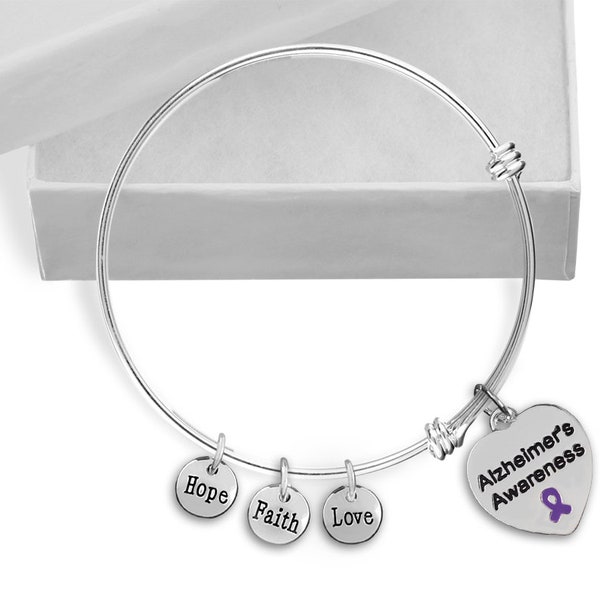 Alzheimer's Heart Retractable Charm Bracelets, Purple Ribbon Alzheimer's Bracelets for Gift Giving, Fundraising - Bulk Quantities Available