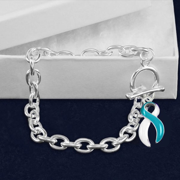 Teal and White Ribbon Chunky Charm Bracelets for Cervical Cancer Awareness, Fundraising, Gift Giving - Bulk Quantities Available