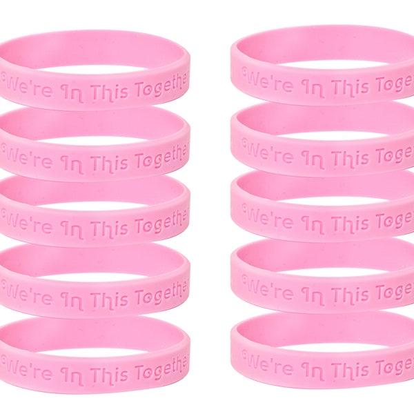 Pink We're In This Together Silicone Bracelets, Breast Cancer Rubber Wristbands for Pink Ribbon Fundraising, Gifts - Bulk Quantities