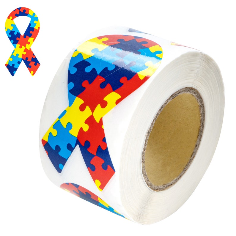 250 Large Autism Awareness Ribbon Stickers, Autism Puzzle Ribbon Shaped Stickers 250 Stickers image 2