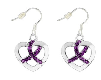 Purple Ribbon Crystal Heart Earrings for Domestic Violence, Lupus, Crohn's, Alzheimer's Awareness, Fundraising, Gift Giving -Bulk Quantities