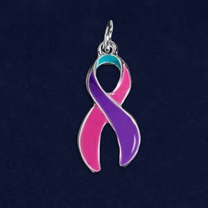 Large Pink & Purple Teal Ribbon Charms for Thyroid Cancer Awareness, Jewelry Making, Fundraising, Gift Giving - Bulk Quantities Available