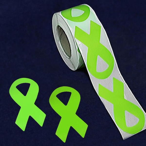 250 Large Lime Green Ribbon Stickers for Lyme Disease, Non Hodgkin's Lymphoma, Lymphoma, Muscular Dystrophy Awareness