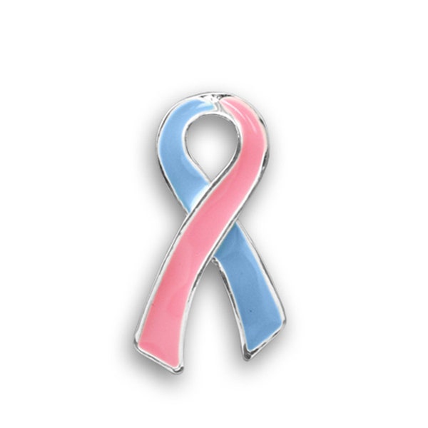 Cute Pink and Blue Ribbon Pin for Pregnancy Loss, Infant Death, Male Breast Cancer, SIDS Awareness - Bulk Quantities Available