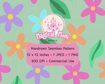 Cute Spring Ditsy Flowers and Leaves Green Background Hand drawn Seamless Digital Pattern JPG PNG instant download