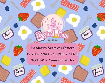 Cute Breakfast Brunch Eggs toast jam bacon butter strawberry purple Background Hand drawn Seamless Digital Pattern JPG PNG instant download