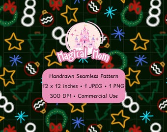 Neon Cute Christmas wreath star tree snowman ornament snowflake Hand drawn dark black background Seamless Pattern Digital Download