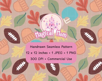 Cute Fall Football Leaves Hand drawn Seamless Digital Pattern JPG PNG instant download paper surface design pattern fall file
