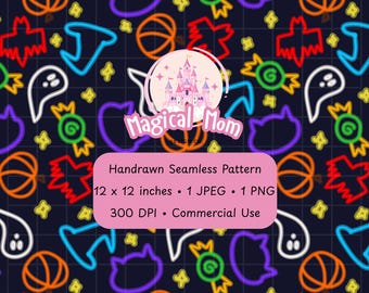 Neon Spooky Halloween Ghost Bat Pumpkin Witch Cat Hand drawn Seamless Pattern Digital Download