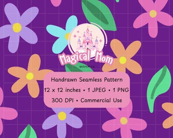 Cute Spring Ditsy Flowers and Leaves Purple Background Hand drawn Seamless Digital Pattern JPG PNG instant download