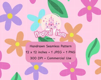 Cute Spring Ditsy Flowers and Leaves Pink Background Hand drawn Seamless Digital Pattern JPG PNG instant download