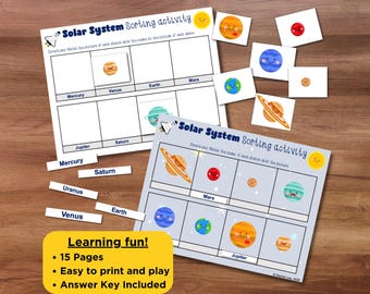 Solar System Sorting Activity,Printable Space Game,Printable Sorting Activity,Homeschool Resource,Toddler Busy Book,Montessori Preschool