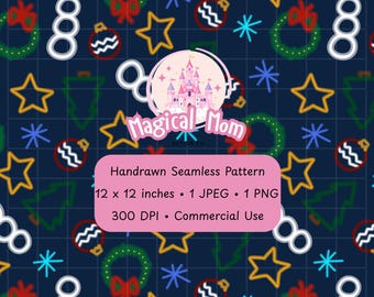 Neon Cute Christmas wreath star tree snowman ornament snowflake Hand drawn navy blue Seamless Pattern Digital Download