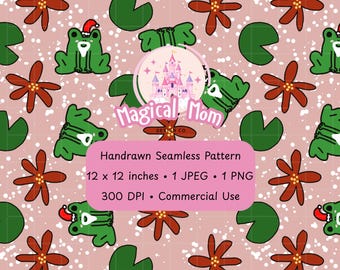 Cute Christmas Santa Frog Light Red Background Hand drawn Seamless Digital Pattern instant download