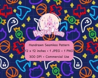 Neon Spooky Halloween Ghost Bat Pumpkin Witch Cat Hand drawn Blue Seamless Pattern Digital Download