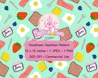Cute Breakfast Brunch Eggs toast jam bacon butter strawberry Green Background Hand drawn Seamless Digital Pattern JPG PNG instant download