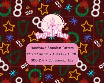 Neon Christmas Hand drawn Red Seamless Pattern Digital Download