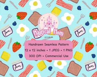 Cute Breakfast Brunch Eggs toast jam bacon butter strawberry blue Background Hand drawn Seamless Digital Pattern JPG PNG instant download